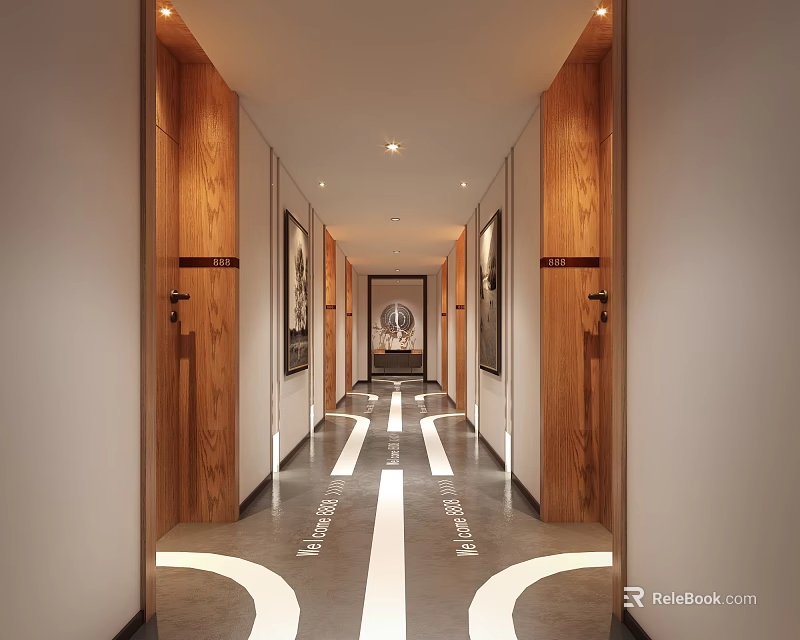 Modern Hotel Corridor with Wooden Doors Wall Paintings and White Floor Lines 3d model 