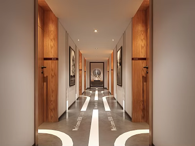 Modern Hotel Corridor with Wooden Doors Wall Paintings and White Floor Lines 3d model