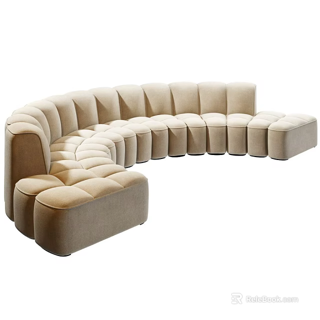 Modern Beige Curved Double Sofa With Velvet Upholstery And Modular Design 3d model 