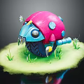 Cute Ladybug Shaped Motorcycle With Pink Shell Blue Parts On Green Grass And Small Daisies