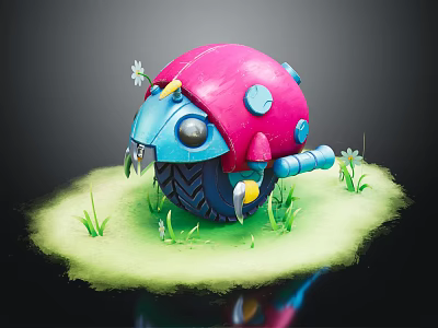 Cute Ladybug Shaped Motorcycle With Pink Shell Blue Parts On Green Grass And Small Daisies 3d model