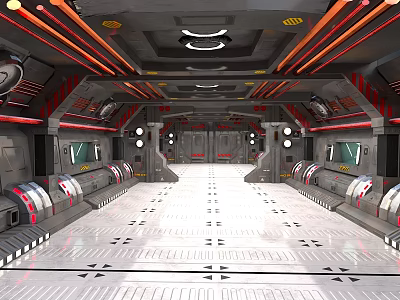 Cartoon Style Futuristic Spaceship Interior With Metallic Walls Red Accents Seats And Control Panels 3d model