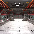Cartoon Style Futuristic Spaceship Interior With Metallic Walls Red Accents Seats And Control Panels