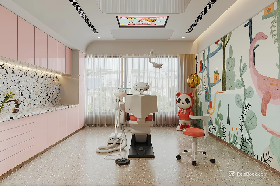 Pediatric Dental Clinic Interior With Pink Cabinets Treatment Chair And Murals 3d model 