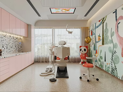 Pediatric Dental Clinic Interior With Pink Cabinets Treatment Chair And Murals 3d model