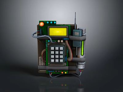 Practical Household Device With Yellow Screen Control Panel Multiple Buttons And Connected Cables 3d model