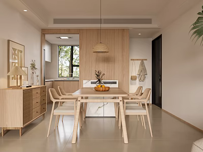Minimalist Natural Dining and Living Room With Wooden Furniture Hanging Pendant Light and Window Plant 3d model