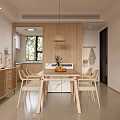Minimalist Natural Dining and Living Room With Wooden Furniture Hanging Pendant Light and Window Plant