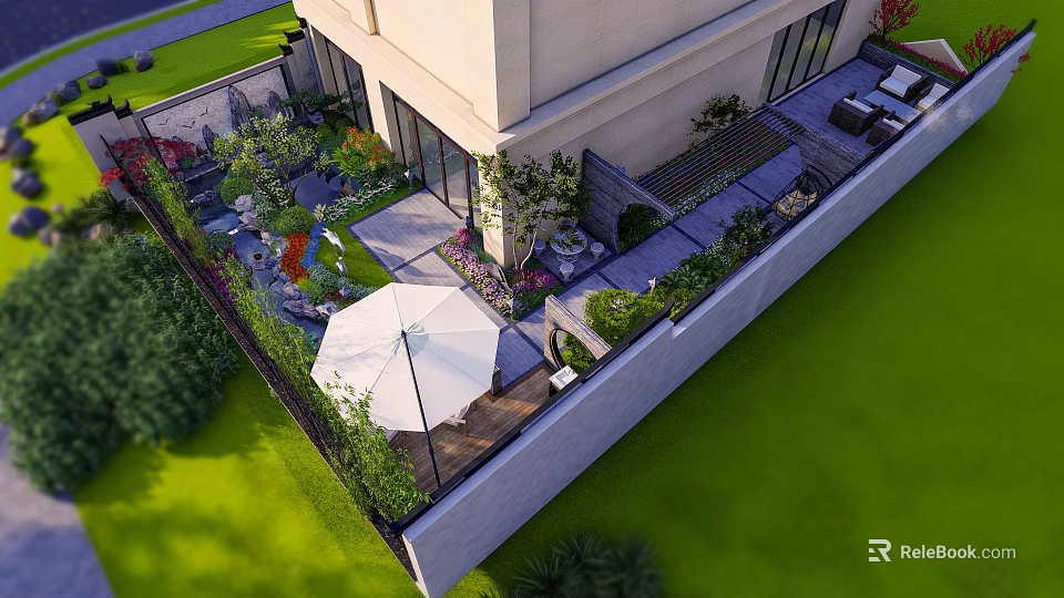 Modern Garden Landscape Design With Outdoor Seating Green Plants And White Umbrella 3d model 