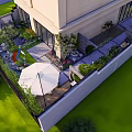 Modern Garden Landscape Design With Outdoor Seating Green Plants And White Umbrella