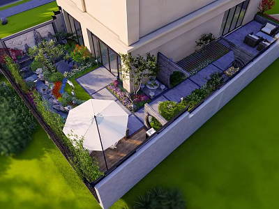 Modern Garden Landscape Design With Outdoor Seating Green Plants And White Umbrella 3d model