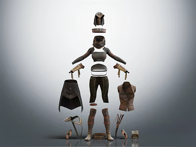 Fantasy Adventure Clothing Set With Helmet Top Pants Cloak Boots And Bow Arrows On Mannequin 3d model