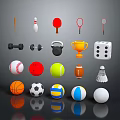 Sports Equipment Collection Including Various Balls Rackets Dumbbells Trophy And Bowling Pin
