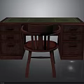 Dark Red Wooden Desk with Green Top and Matching Chair Featuring Drawers and Classic Design