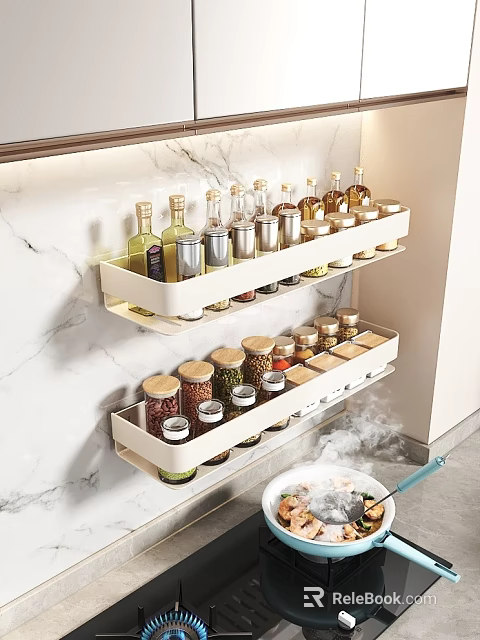 White Wall Mounted Kitchenware Shelves With Spice Bottles Jars And Marble Wall Background 3d model