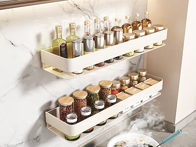 White Wall Mounted Kitchenware Shelves With Spice Bottles Jars And Marble Wall Background 3d model
