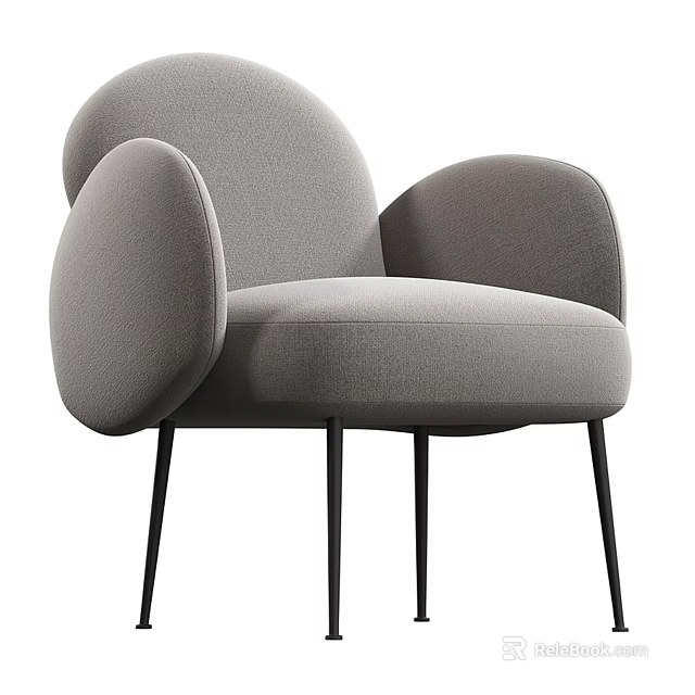 Modern Gray Upholstered Accent Chair With Curved Arms And Black Slim Metal Legs 3d model 