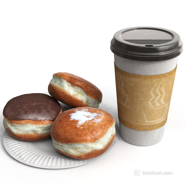 Tasty Donuts with Chocolate Glaze Powdered Sugar and Takeaway Coffee Cup on White Paper Plate 3d model 