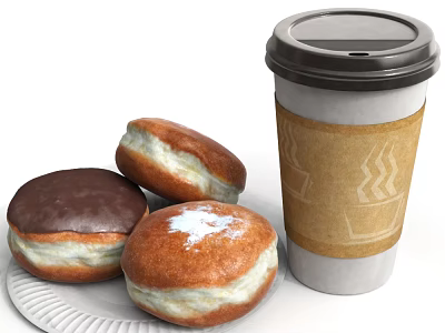 Tasty Donuts with Chocolate Glaze Powdered Sugar and Takeaway Coffee Cup on White Paper Plate 3d model