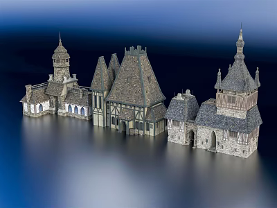 Ancient Architecture Complex With Stone Towers Spires Pointed Roofs And Arched Windows 3d model