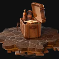 Vintage Open Wooden Box Containing Antique Telescope And Map On Stone Platform