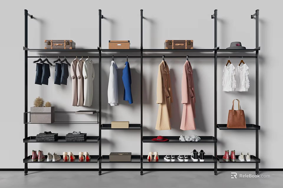 Modern Multi Tiered Clothing Rack With Hanging Clothes Bags Shoes And Accessories 3d model 