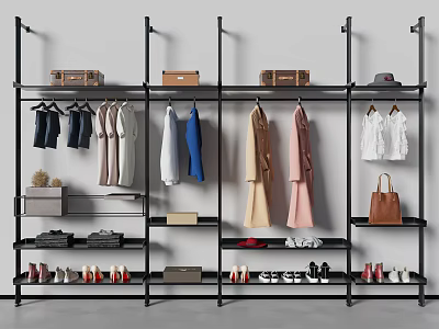 Modern Multi Tiered Clothing Rack With Hanging Clothes Bags Shoes And Accessories 3d model