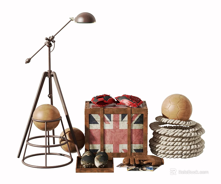 Vintage Sports Equipment Collection with Balls Rope Wooden Crate and Training Accessories 3d model 