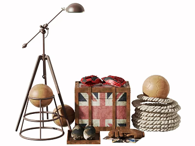 Vintage Sports Equipment Collection with Balls Rope Wooden Crate and Training Accessories 3d model