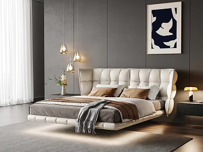Modern White Double Bed With Upholstered Headboard Pillows Nightstand Lamp And Wall Art 3d model