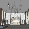 Elegant Hotel Lobby Interior Design With Hanging Chandeliers Mountain Landscape Wall Art And Wooden Panels
