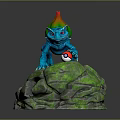 Blue Game Character With Green Red Back Holding Red White Ball On Green Rock