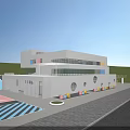 Modern School Building With White Exterior Colorful Stripes And Trees Near Entrance Zebra Crossing