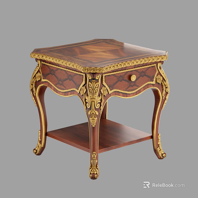 Classic Wooden Side Table With Gold Accents Carved Details Drawer And Lower Shelf 3d model 