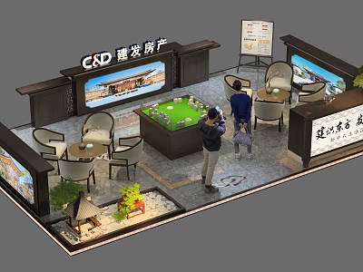 Real Estate Exhibition Hall With Model Display Tables Chairs And Decorations 3d model