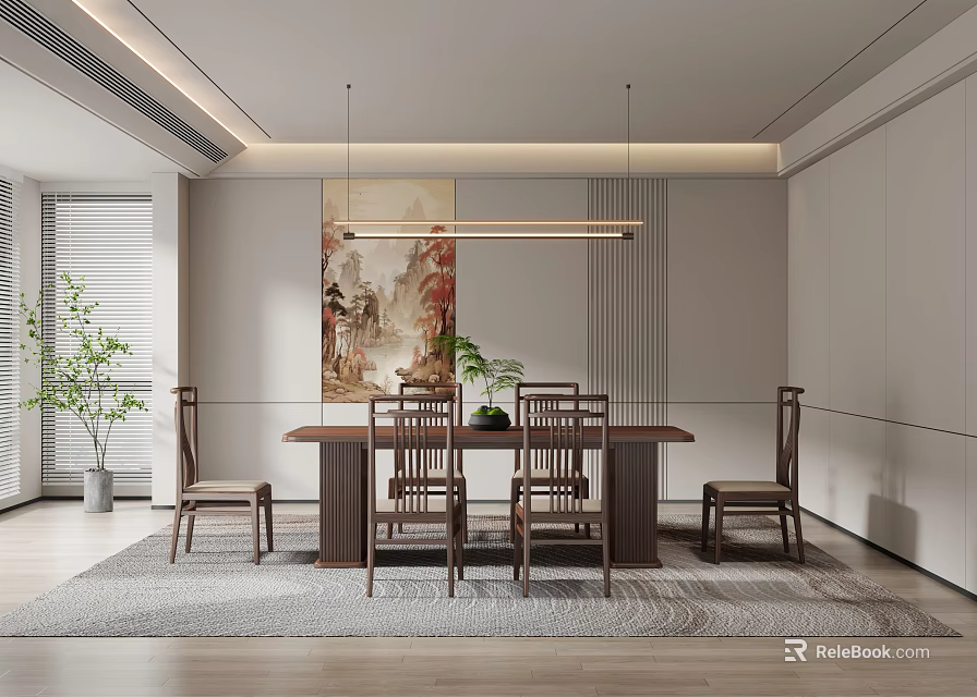 Modern Restaurant Interior Design with Dining Table Chairs Artwork Plants and Pendant Light 3d model