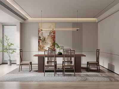 Modern Restaurant Interior Design with Dining Table Chairs Artwork Plants and Pendant Light 3d model