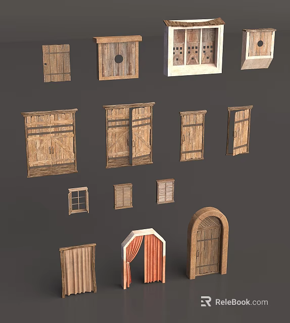 Various Types of Wooden Doors and Windows with Different Classic Designs 3d model 
