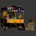 Yellow Cart With Blue And White Striped Canopy Green Chair Wooden Crates And Flowers