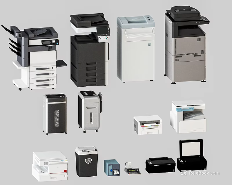 Comprehensive Office Appliances Collection Featuring Multifunction Printers Shredders Copiers And Scanners 3d model 