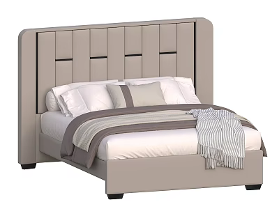 Modern Minimalist Double Bed With Gray Upholstered Headboard White Pillows And Striped Blanket 3d model