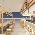 Modern Noodle Restaurant Interior With Wooden Decor Open Counter And Seating Area