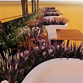 Outdoor Landscape Seats With River View Trees Greenery And Wooden Tables