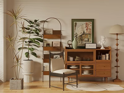 Wooden Decorative Cabinet With Potted Plant Chair Frame And Table Lamp In Modern Room 3d model