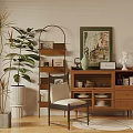Wooden Decorative Cabinet With Potted Plant Chair Frame And Table Lamp In Modern Room