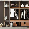 Modern Wardrobe Interior Design With Hanging Clothes Folded Garments Storage Boxes And Open Shelves