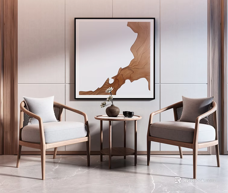Modern Casual Sofa Set with Light Gray Cushions Wooden Frame Woven Armrests and Wall Art 3d model 