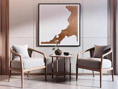 Modern Casual Sofa Set with Light Gray Cushions Wooden Frame Woven Armrests and Wall Art 3d model