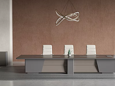 Modern Conference Room Interior With Long Table White Chairs Brown Wall And Modern Chandelier 3d model