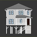 Cartoon Scene White Two Story House With Gray Roof Porch Stairs Blue Windows On Stilts